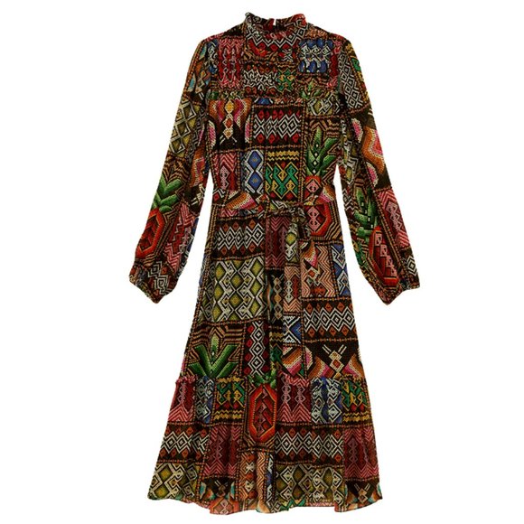 Farm Rio Rauti Tiered Midi Dress Ethnic Patchwork Pattern NWT MEDIUM - Picture 2 of 7